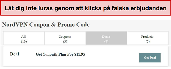 En webbplats som visar en falsk rabattuppgift på NordVPN