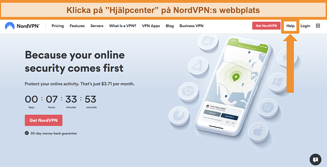 Skärmdump av NordVPNs hjälpalternativ på sin hemsida