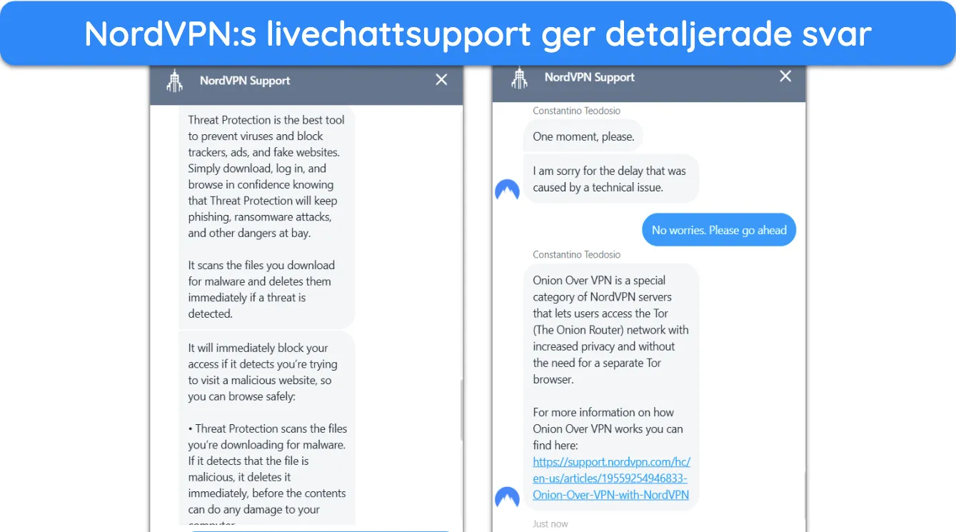 Skärmdump som visar en konversation med NordVPNs livechattsupport.