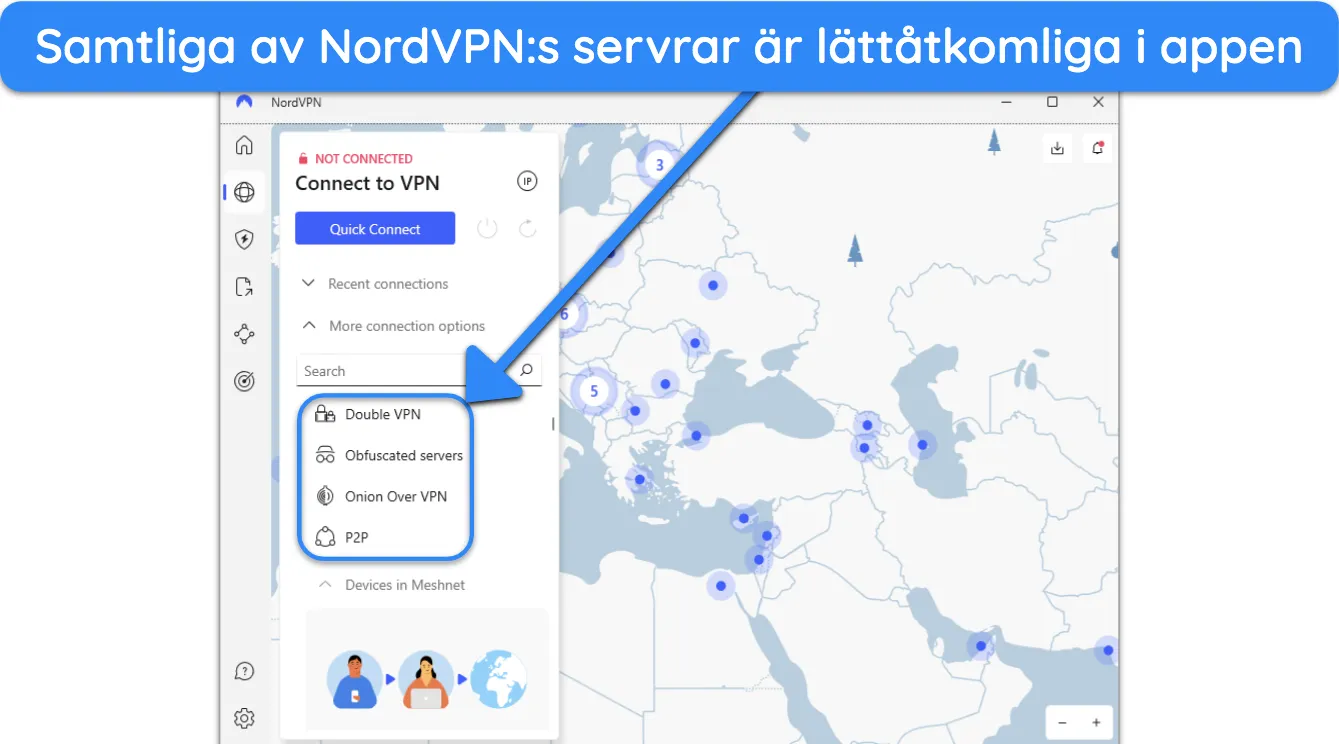Skärmdump som visar hur NordVPNs specialservrar är lättillgängliga i appen.