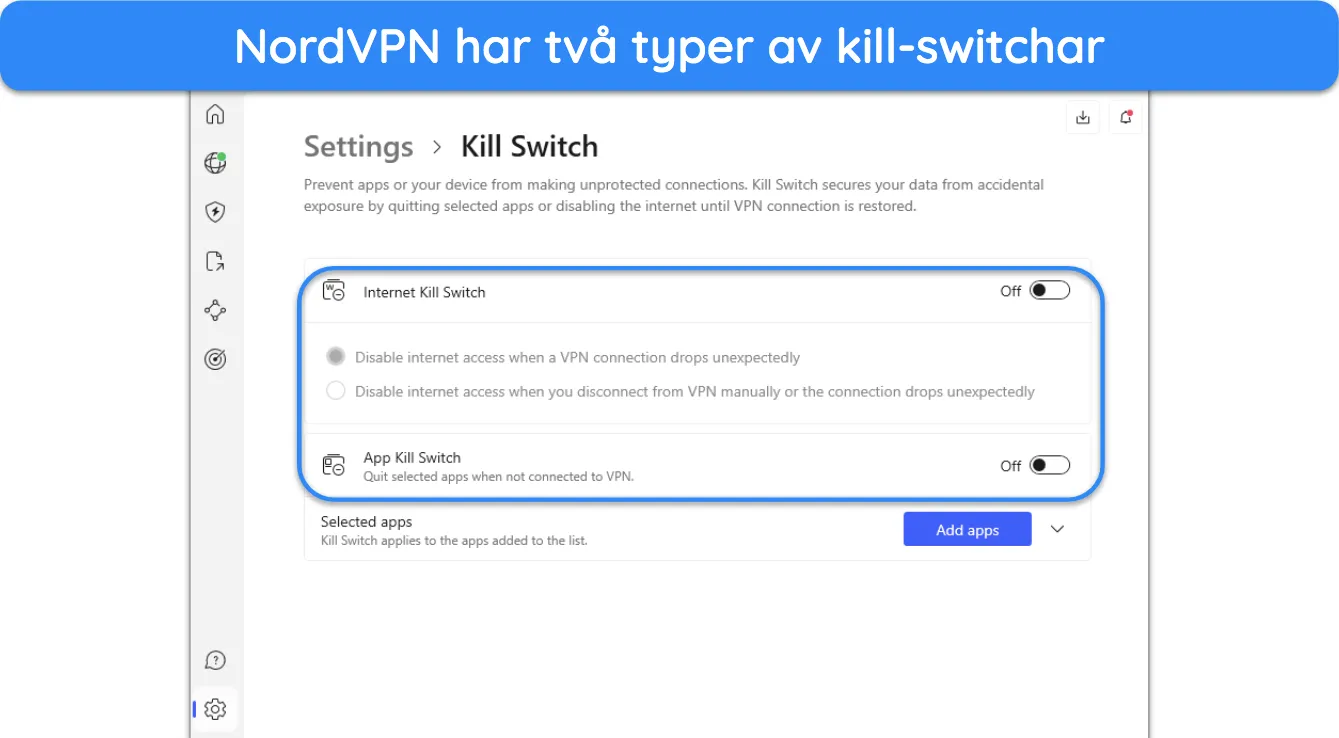 Skärmdump av kill switch-alternativen i NordVPNs inställningsmeny.