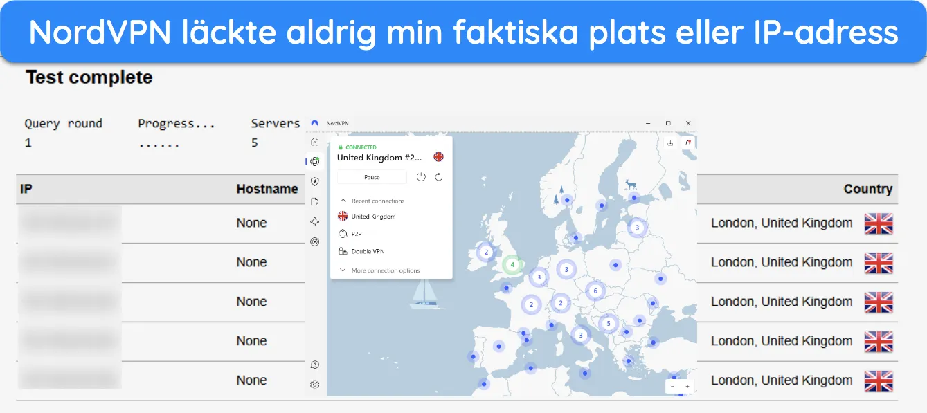 Skärmdump av ett läckagetestresultat när du är ansluten till NordVPN.