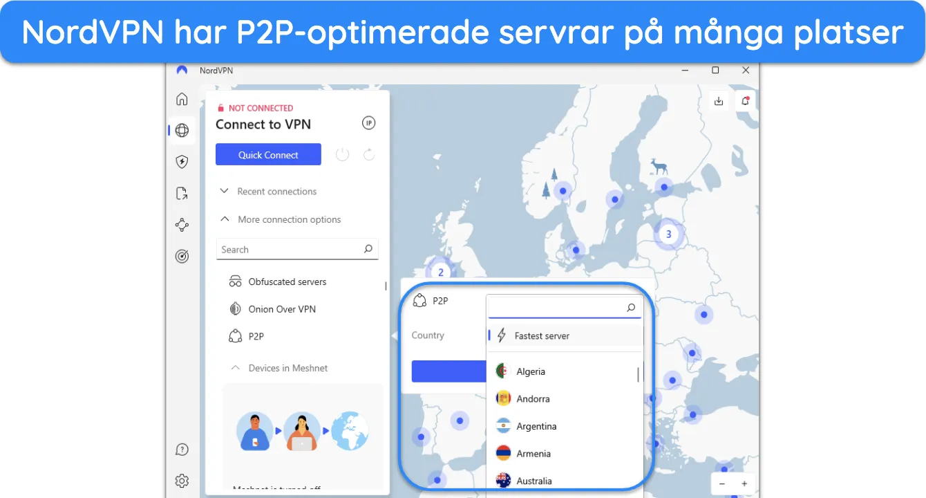 Skärmdump som visar de länder där NordVPN erbjuder P2P-optimerade servrar.