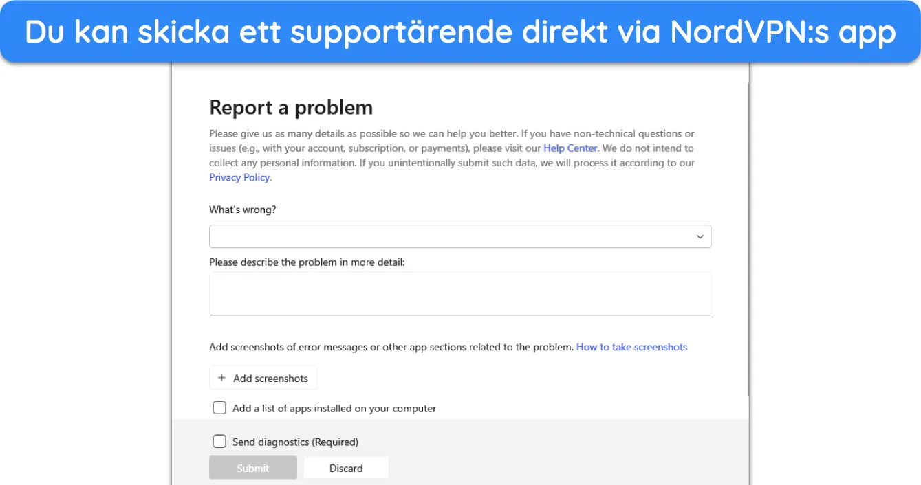 Skärmdump av biljettfunktionen tillgänglig i NordVPNs appar.