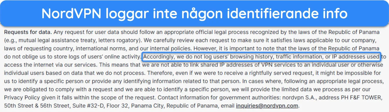Skärmdump som visar hur NordVPN inte loggar någon identifierande information.