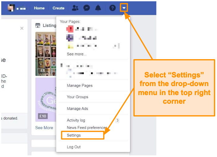 Screenshot of how to access Settings on Facebook