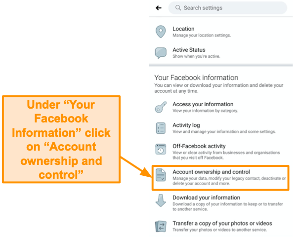 Screenshot of where to find "Account ownership and control" settings