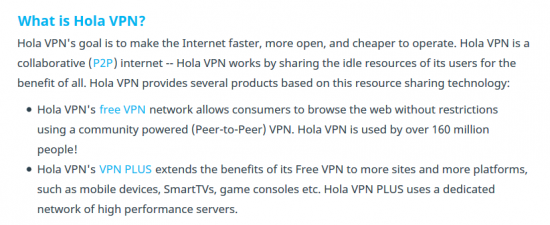 Screenshot of Hola VPN's FAQ section showing answers about Hola VPN's features