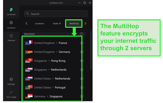 Screenshot of Surfshark's server overview showing their MultiHop servers