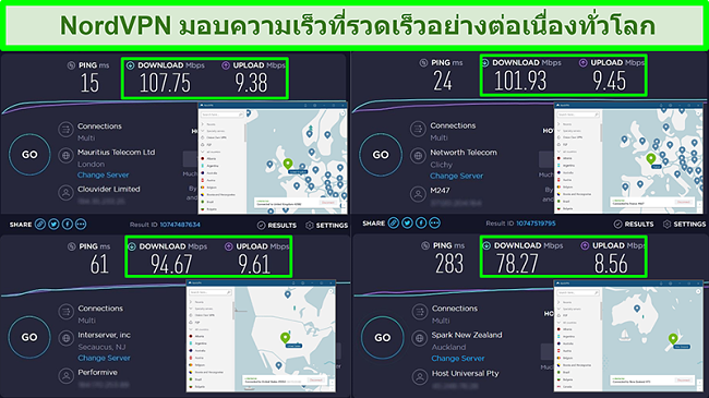 ภาพหน้าจอของการทดสอบความเร็วด้วย NordVPN ที่เชื่อมต่อกับเซิร์ฟเวอร์ทั่วโลกที่แตกต่างกัน