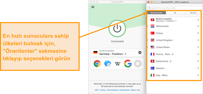 ExpressVPN uygulamasının önerilen sunucuları gösteren ekran görüntüsü