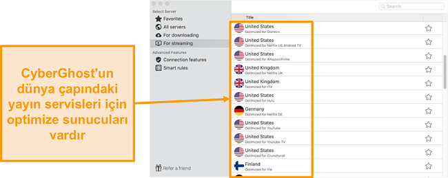 Akış için optimize edilmiş sunucuları gösteren Mac için CyberGhost uygulamasının ekran görüntüsü
