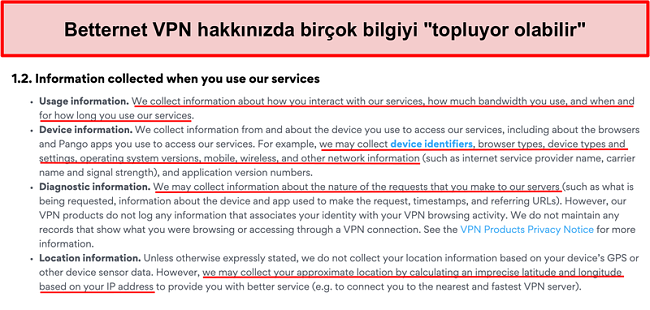 Betternet VPN gizlilik politikasının ekran görüntüsü