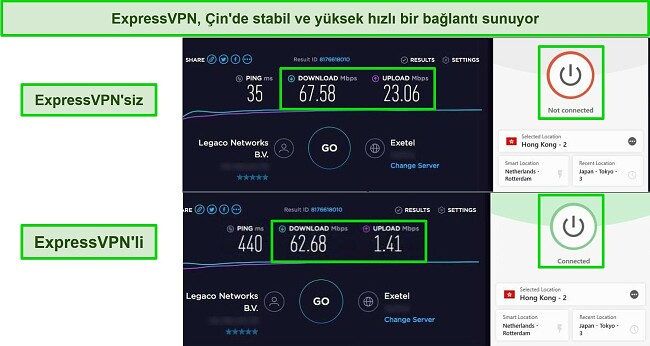 Biri VPN bağlantısı olmayan ve diğeri Hong Kong sunucusuna bağlı ExpressVPN olan 2 Ookla hız testinin ekran görüntüsü.
