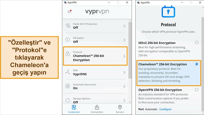 VyprVPN'in Windows uygulamasının, bağlantı protokolünün nasıl bulunacağını ve Chameleon olarak değiştirileceğini gösteren ekran görüntüleri