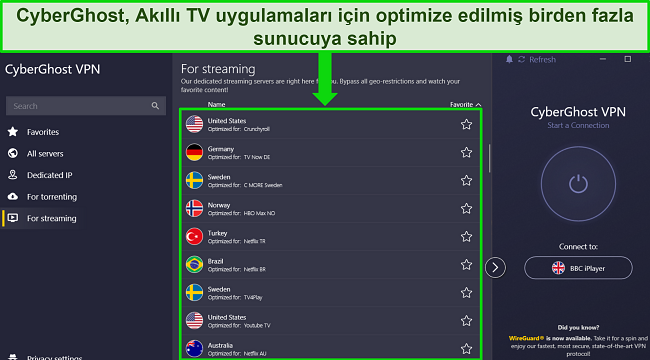 CyberGhost'un Windows uygulamasının, optimize edilmiş akış sunucusu menüsü açık ve farklı sunucu seçeneklerini göstermek için vurgulanmış ekran görüntüsü