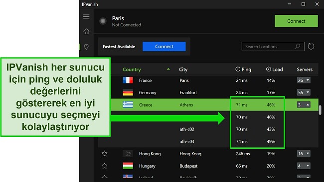 IPVanish'in Windows uygulamasının, tek tek sunucular menüsünü gösteren ve sunucuların ping ve kullanıcı yükünü vurgulayan ekran görüntüsü