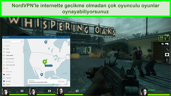 Left 4 Dead 2 oyun oynarken bir ABD sunucusuna bağlanan NordVPN'in ekran görüntüsü
