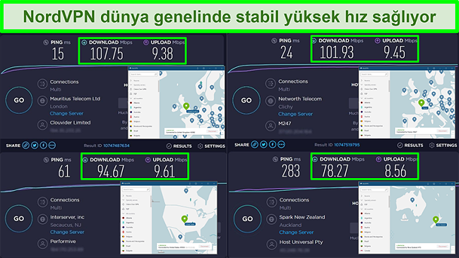 Farklı küresel sunuculara bağlı NordVPN ile hız testlerinin ekran görüntüleri