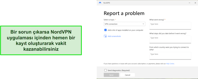 Kullanıcıların sorunları uygulama içinden bildirmelerine olanak tanıyan NordVPN'in uygulama içi biletleme özelliğine genel bakış