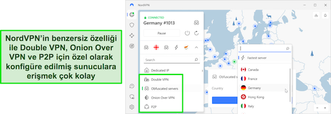 NordVPN'in özel sunucu seçim alanına genel bakış