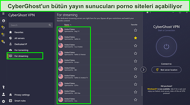 CyberGhost'un akış için optimize edilmiş sunucularının ekran görüntüsü.