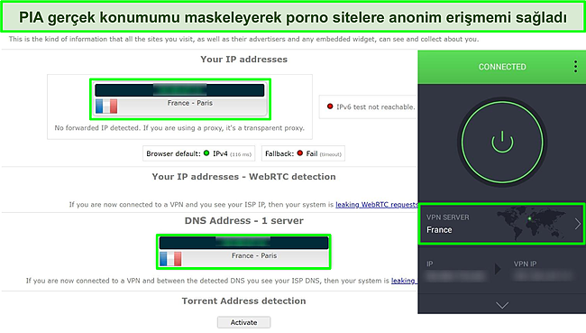 PIA'nın Fransız sunucusunda gerçekleştirilen IP ve DNS sızıntı testlerinin ekran görüntüsü.