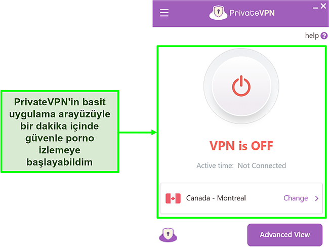Basit Görünüm modunda PrivateVPN'in uygulama arayüzünün ekran görüntüsü.