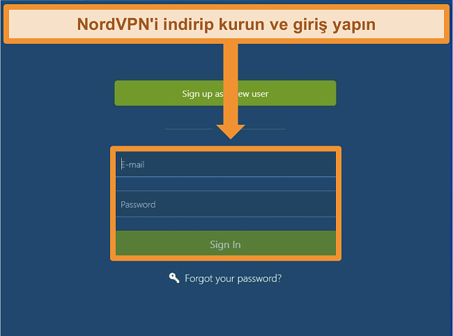 NordVPN Windows uygulamasında oturum açma ekranının ekran görüntüsü