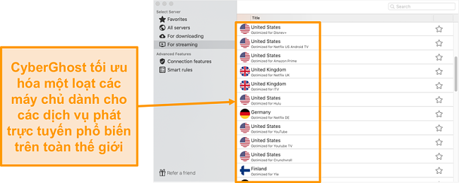 Ảnh chụp màn hình của ứng dụng CyberGhost dành cho Mac hiển thị các máy chủ được tối ưu hóa để phát trực tuyến