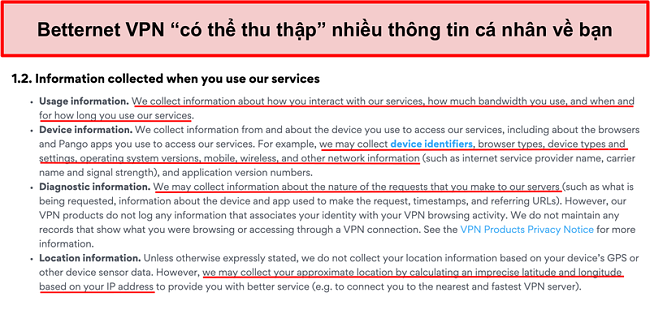 Ảnh chụp màn hình chính sách bảo mật của Betternet VPN