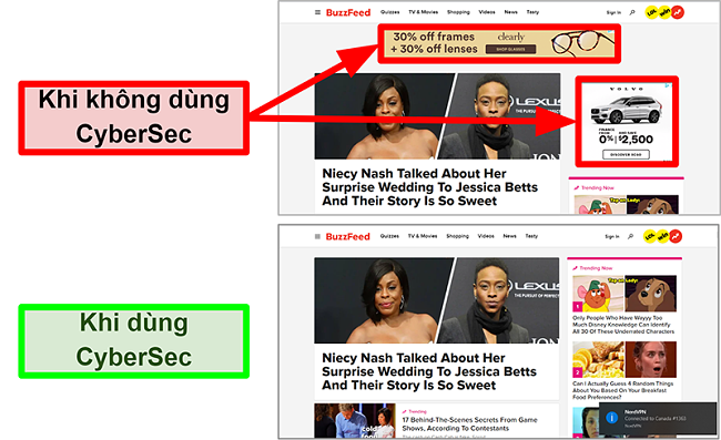 Ảnh chụp màn hình trang chủ BuzzFeed với tính năng CyberSec của NordVPN được bật và tắt