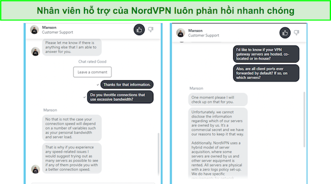 Hỗ trợ trò chuyện trực tiếp 24/7 của NordVPN rất nhanh chóng và hữu ích