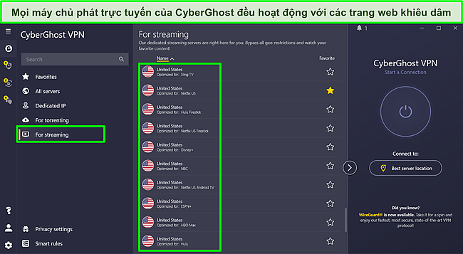 Ảnh chụp màn hình các máy chủ được tối ưu hóa phát trực tuyến của CyberGhost.