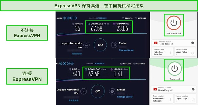 2 个 Ookla 速度测试的屏幕截图，一个没有 VPN 连接，一个使用 ExpressVPN 连接到香港服务器。