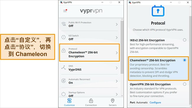 VyprVPN 的 Windows 应用程序的屏幕截图，显示如何查找和更改与 Chameleon 的连接协议