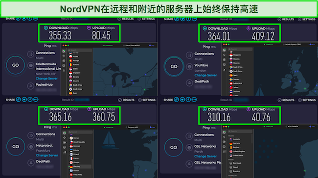 跨多个服务器的 NordVPN 速度测试结果的屏幕截图