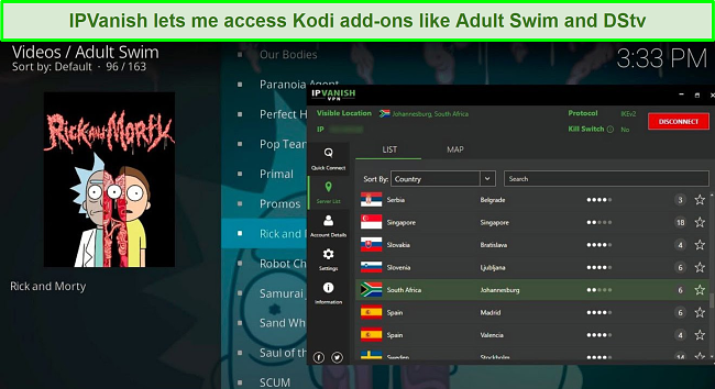 Screenshot of IPVanish interface and Kodi interface, showing the Adult Swim add-on while connected to South Africa