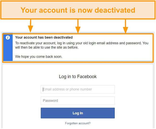 Screenshot of the confirmation of account deactivation