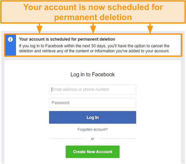 Screenshot of Facebook account being scheduled for deletion