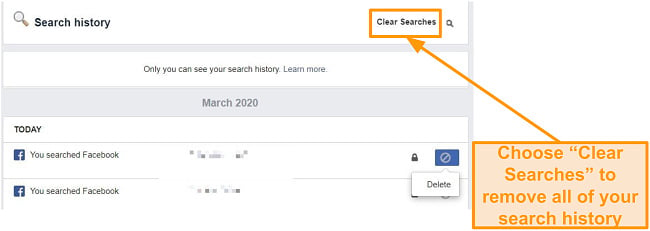 Screenshot of how to clear whole Facebook search history