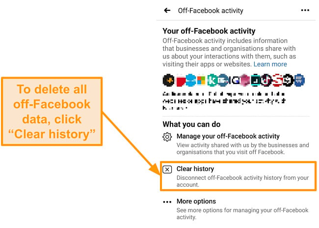 Screenshot of how to clear all off-Facebook activity history