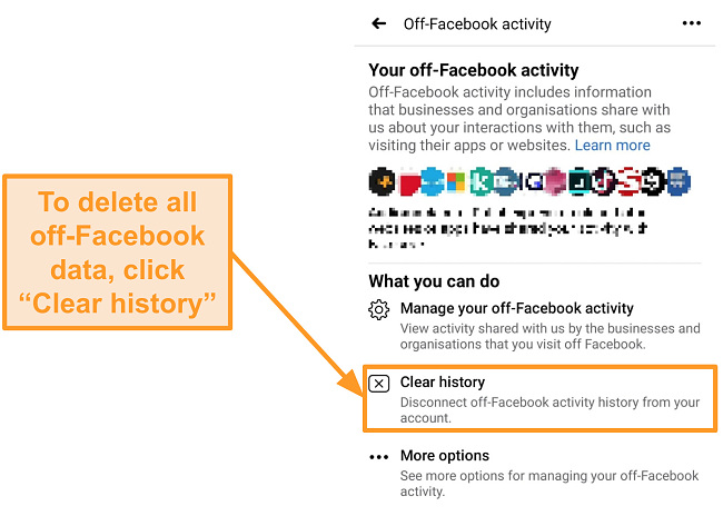 Screenshot of how to clear all off-Facebook activity history