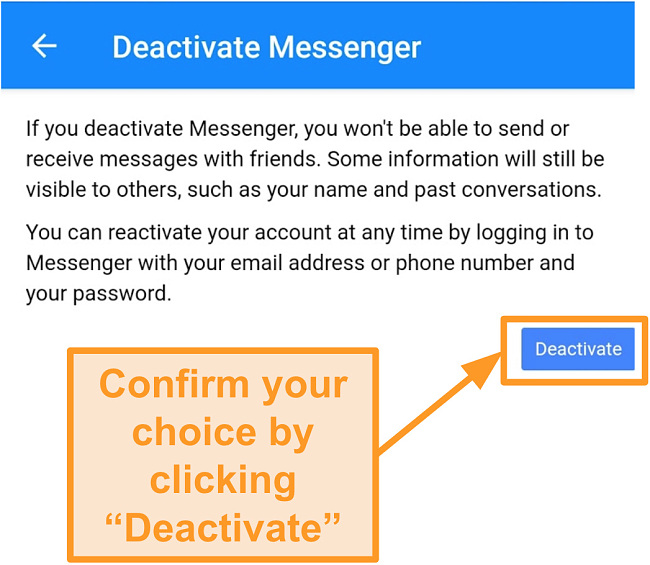 Screenshot of confirming Messenger deactivation