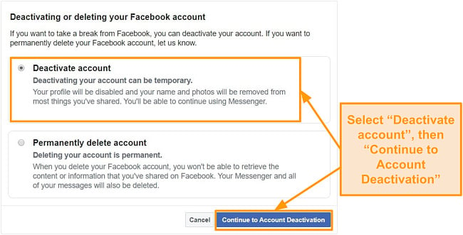 Screenshot of how to deactivate Facebook account
