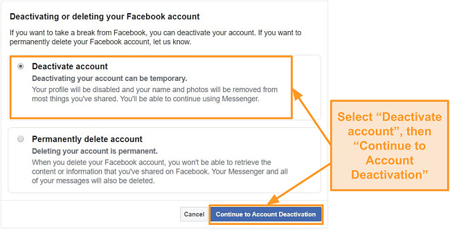 Screenshot of how to deactivate Facebook account