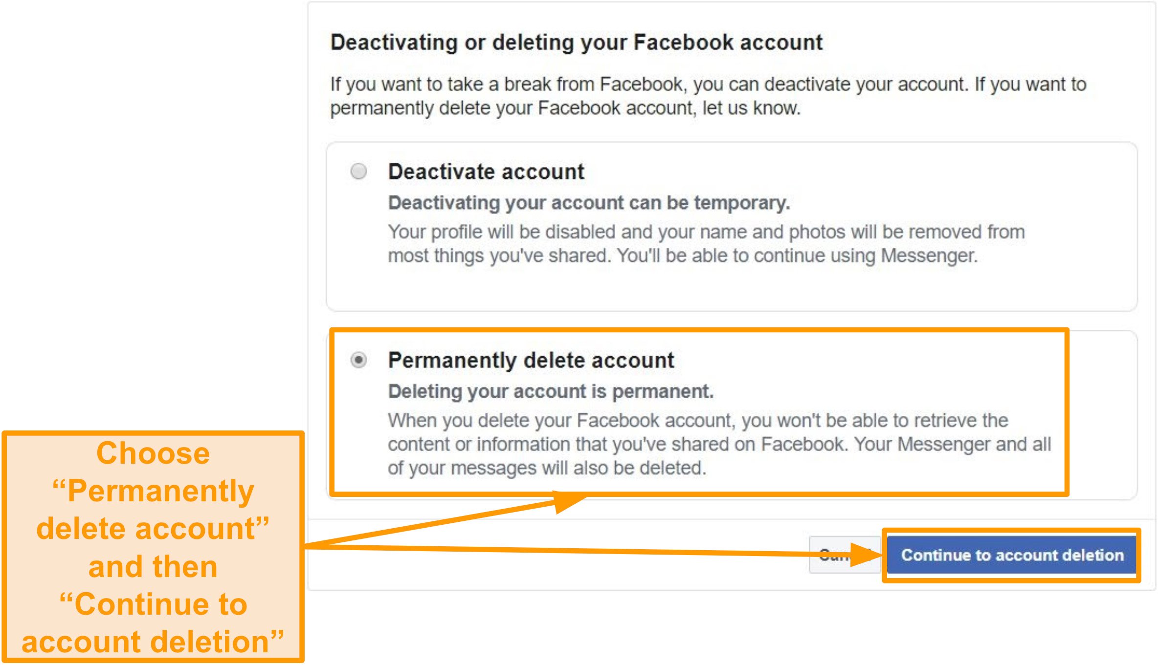 Screenshot of "Permanently delete account" option