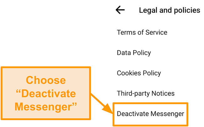 Screenshot of deactivating Messenger