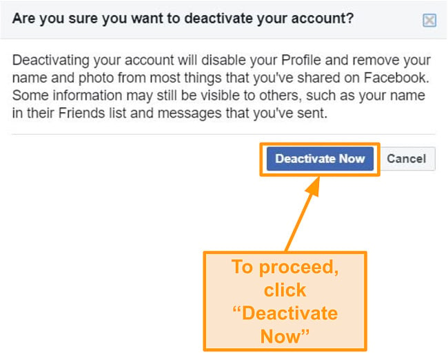 Screenshot of deactivating Facebook account