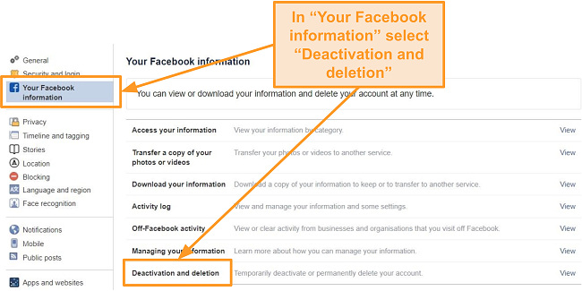 Screenshot of "Your Facebook information" tab highlighting "Deactivation and deletion" option